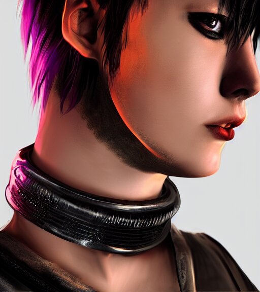 detailed realistic female character cyberpunk wearing thick collar around neck, realistic, art, beautiful, 4K, collar, choker, collar around neck, punk, artstation, detailed, female, woman, choker, cyberpunk, neon, punk, collar, choker, collar around neck, thick collar, tight around neck, punk,