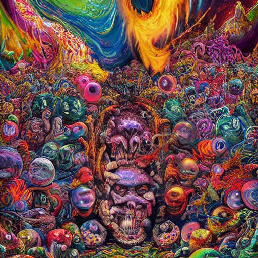 a high hyperdetailed painting with complex textures of a group of deformed monsters united within a larger monster, made of candies and psychotropic psychoactive substances cosmic psychedelic fulcolor spiritual chaos surrealism horror bizarre psycho art 