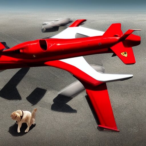 digital art, trending on artstation, a ferrari aircraft, driven by an american stanford, in an alternate world, in which humans are pets of dogs 