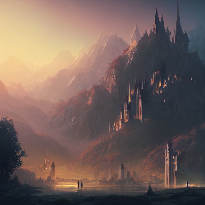 Authentic illustrations of different cities in The Lord of the Rings,Magnificent super wide angle,high quality, 8k,high resolution, city landscape, side scrolling, Rule of Thirds, 4K, Retrofuturism,by makoto shinkai,Anton Fadeev, thomas kinkade,greg rutkowski