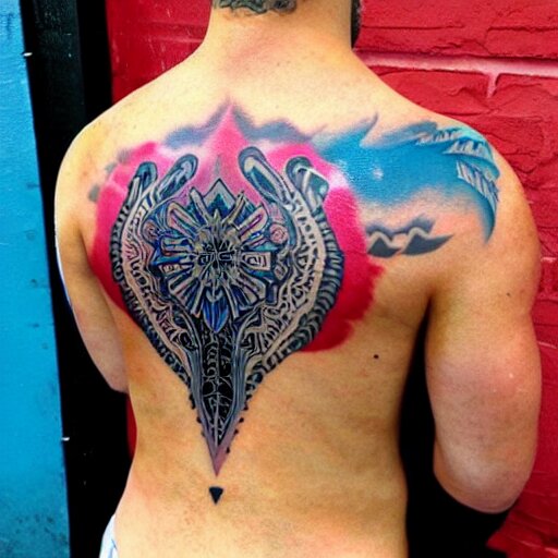 a picture of my new back tattoo of a muscular back, bright colorful ink 