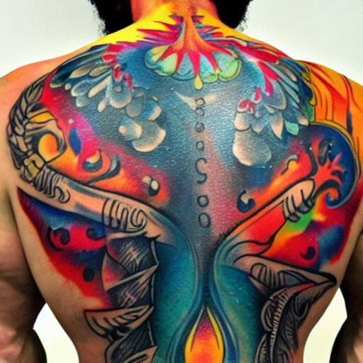 a picture of my new back tattoo of a muscular back, bright colorful ink 