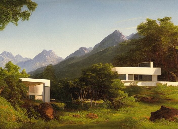 painting of a richard neutra house in front of beautiful mountains by thomas cole 