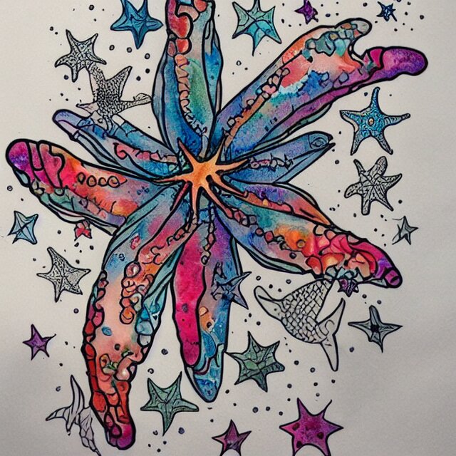 starfish, tattoo design, watercolor, maximalist, high detail 