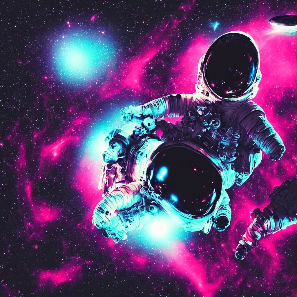 astronaut sucked into blackhole synthwave, glitchy, reflective, holographic, neon 