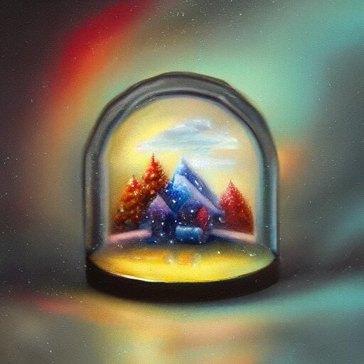 a rainstorm inside a snowglobe. Beautiful colorful clouds in moody greys and blues. High quality award winning detailed!!! oil painting, trending on artstation