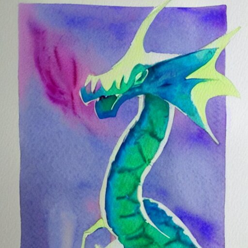 mystical pastel dragon, minimalist watercolor on white paper, cute