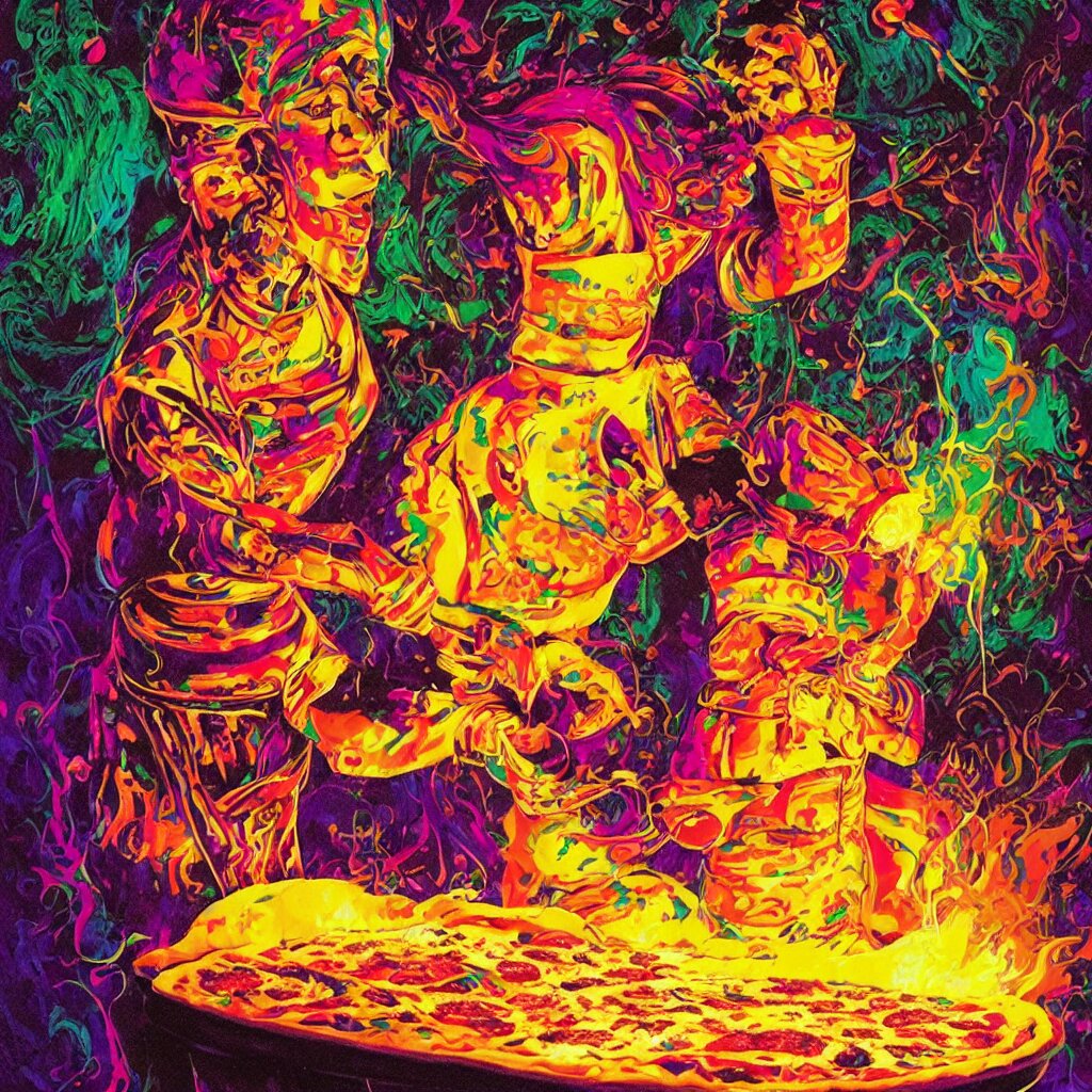 bright psychedelic portrait of_nick_cave_baking_a_pizza, diffuse lighting, fantasy, intricate, elegant, highly detailed, lifelike, photorealistic, digital painting, artstation, illustration, concept art, smooth, sharp focus, art by John Collier and Albert Aublet and Krenz Cushart and Artem Demura and Alphonse Mucha