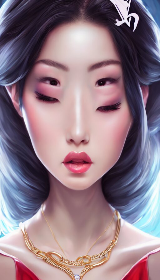 a pin up and beautiful fashion and charming and dreamlke asian girl with lv jewelry, medium shot, art by artgerm & ross tran & wlop, hyperdetailed, 8 k realistic, symmetrical, frostbite 3 engine, cryengine, dof, trending on artstation, digital art 