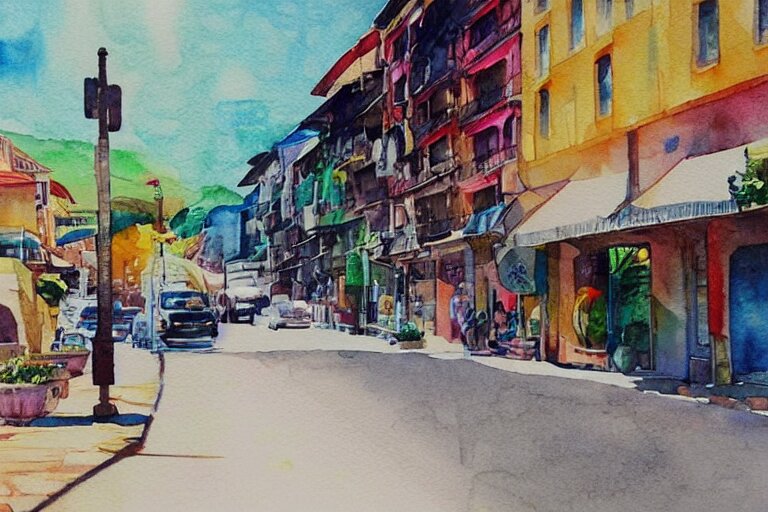 !! watercolor!! penang road in a sunny day, artwork by tooth wu, colorful contrast,!!!! very coherent!!!!, dark shadow, thick lineart 