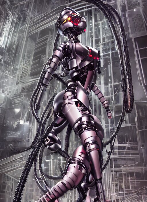 wide - angle shot of cybertronic armored girl, cables and tubes, depth of field, zeiss lens, detailed, symmetrical, centered, fashion photoshoot, by nicoletta ceccoli, mark ryden, lostfish, earl nore, hyung tae, frank frazetta, breathtaking, 8 k resolution, extremely detailed, beautiful, establishing shot, artistic, hyperrealistic, octane render 