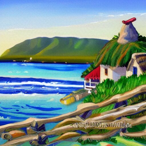 A painting of a cozy cottage with a view of the beach