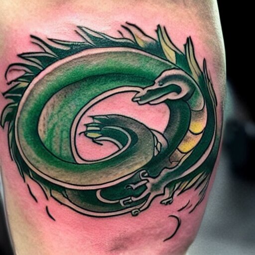 forearm tattoo of a spiraling dragon with a green emerald in its mouth, dark and vibrant forearm tattoo