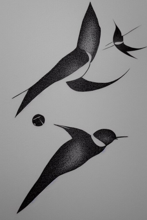 a beautiful swallow tattoo design of minimalist swallows flying into spherical lines and simple basic shapes, black ink, abstract logo, line art 