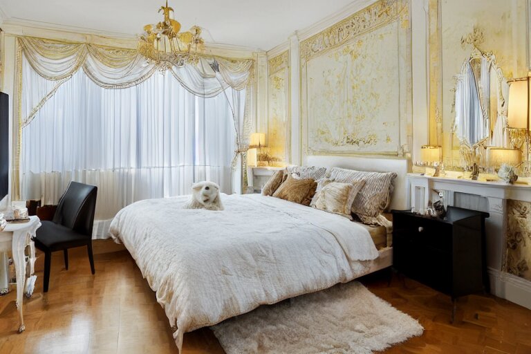 A sunny bedroom, exquisite decoration, all New York Apartments style furniture, polar bear, high tech