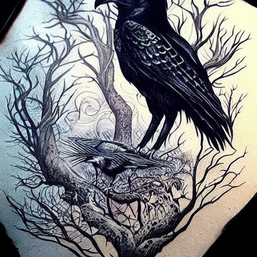 surreal image depicting a raven combined with a deer and an owl but is also actually a window into the ocean. Fine line tattoo art. dark fantasy, intricate detail.