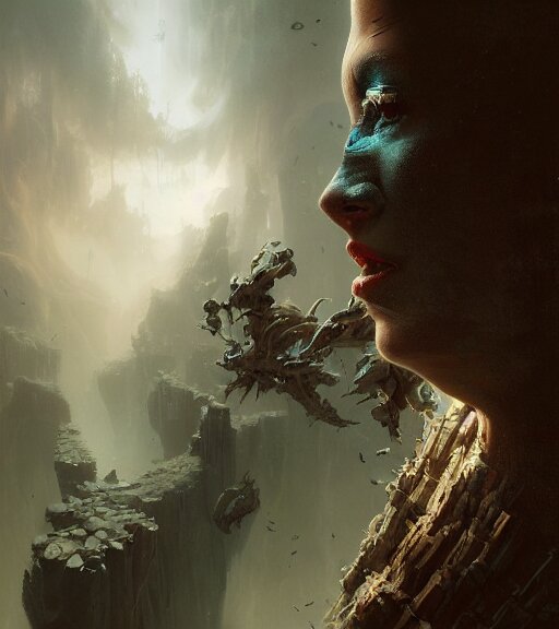 staring into the abyss by pascal blanche, karol bak, tom bagshaw, james jean, rococo, craig mullins, steven belledin, digital painting, sharp focus, 3 d character concept, volumetric lighting, octane render, 8 k, hyper detailed. 