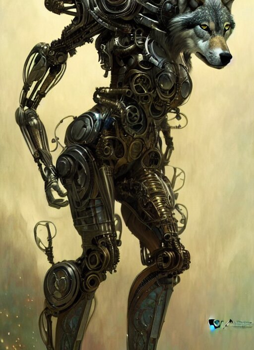 organic cyborg wolf, full body, diffuse lighting, fantasy, intricate, elegant, highly detailed, lifelike, photorealistic, digital painting, artstation, illustration, concept art, smooth, sharp focus, art by John Collier and Albert Aublet and Krenz Cushart and Artem Demura and Alphonse Mucha