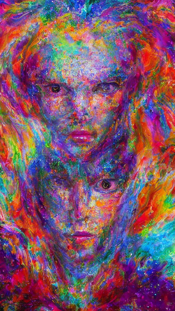 hyperrealistic abstract close-up female! portrait Renaissance psychedelic!! celestial happy! pure creature!! peaceful! kind spirit of nature! beautiful fractal!! eyes! highly detailed concept art eric zener elson peter cinematic hard rainbow lighting high angle hd 8k sharp shallow depth of field endless, inspired by Zdzisław Beksiński Salvador Dali