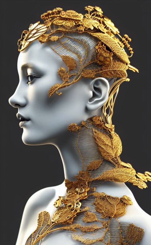 complex 3 d render hyper detailed ultra sharp of a beautiful porcelain profile woman face, mechanical cyborg, 1 5 0 mm, beautiful abundant natural soft light, rim light, studio light, big autumn leaves and stems, sinuous roots, fine foliage lace, silver gold filigree details, alexander mcqueen high fashion haute couture, pearl earring, art nouveau fashion embroidered, steampunk, mesh wire, hyperrealistic, mandelbrot fractal, anatomical, red lips, white metal armor, facial muscles, cable wires, microchip, elegant, octane render, h. r. giger style, 8 k 