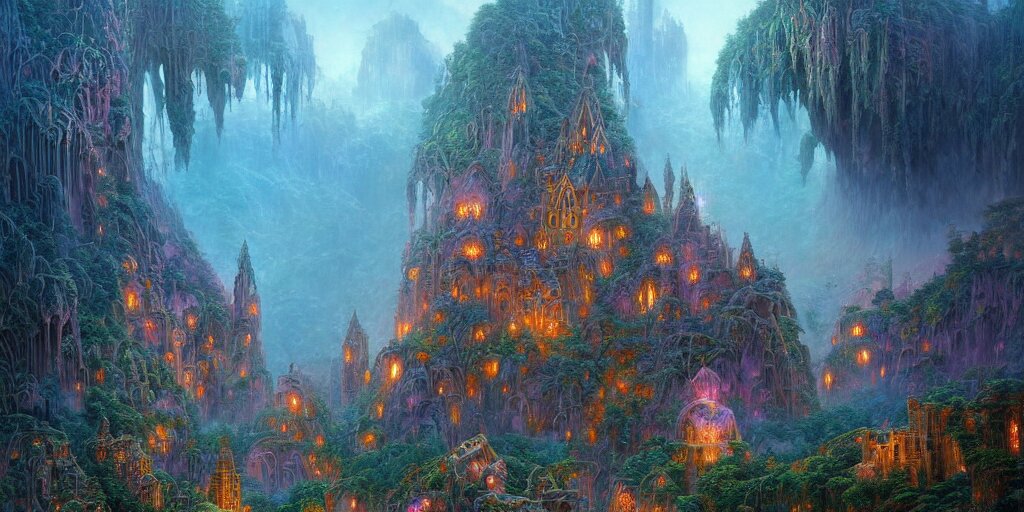 intricate detailed misty valley of ruins fantasy at dawn. Lisa Frank, james gurney,dan luvisi,Petros Afshar,tim hildebrandt,liam wong,Mark Riddick,thomas kinkade,ernst haeckel,dan mumford,trending on artstation,josephine wall, WLOP ,cgsociety by Gediminas Pranckevicius, trending on cgsociety and DeviantArt