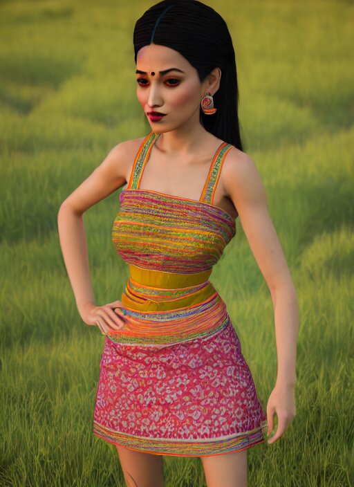 beautiful summer assamese mekehela bihu style floral gamosa dress ; flirtatious, boho - chic, sleeveless, elegant, short skirt length, slimmer demeanor, plethora of colors ; mini dress, highly detailed cute face by wlop ; octane render, unreal engine 5, trending on artstation, 8 k high resolution, global illumination ray tracing ; symmetrical, cinematic, high coherence, hdr fabric textures 