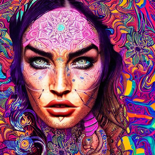 an extremely psychedelic portrait of megan fox, surreal, lsd, face, detailed, intricate, elegant, lithe, highly detailed, digital oth, sharp focus, illustration, 