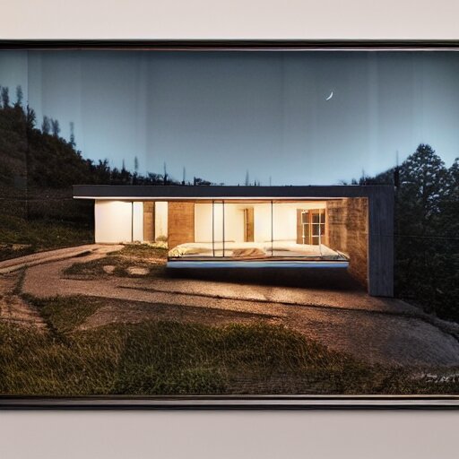 realistic extremely detailed photo real portrait painting of a mid-century modern house on cliff, in moon light, elegant, moody vibrant colors, herman miller, octane render, 4k