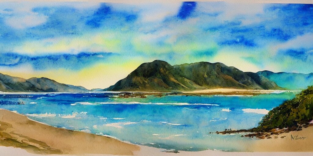 golden bay new zealand, abel tasman, colorful watercolor painting, trending on artstation