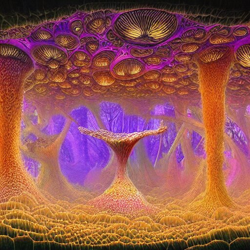 a polyphonic symphony of fungal bio - communications inside a surreal 3 d fractal temple made up of organic fungal mushroom and mycelium, bioluminescent surfaces, inspired by ernst haeckel & escher & peter mohrbacher & remedios varo & agostino arrivabene 