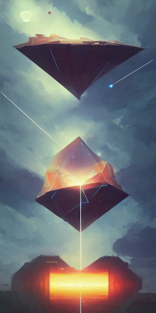 greg rutkowski, beeple, a painting by ralph mcquarrie of floating molecules and icosahedron with stars, clouds, and rainbows in the background, trending on artstation, masterpiece, incredible details 