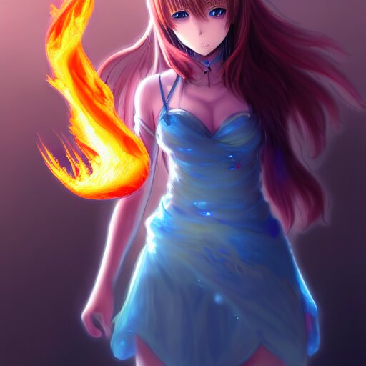 advanced digital anime art, a very cute gorgeous teenage girl made of fire and ice with red fiery watery eyes glancing over her left shoulder wearing a dress made of water is standing in an apocalyptic burning city, full body, full round face, dramatic cinematic lighting, highly intricately detailed, trending on pixiv, Artstation, painted by Rossdraws and the style of Sakimimichan