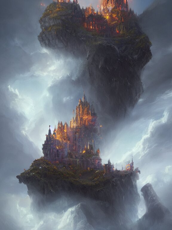 photo of 8k ultra realistic castle on cliff surrounded by swirling clouds and lighting, dark, menacing, full of colour, cinematic lighting, battered, trending on artstation, 4k, hyperrealistic, focused, extreme details,unreal engine 5, cinematic, masterpiece, art by Peter Mohrbacher