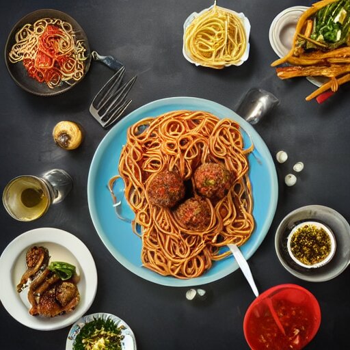 octopus with spaghetti as its tentacles, and a meatball as its body