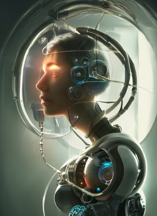 Ultra realistic full shot of a cyborg woman in a glass cylinder with electrical cables cables and mechanical arms that fix it., cyberpunk,sci-fi, fantasy,Kodak , soft light, volumetric lighting, ,night, fog ,smoke, intricate, elegant, highly detailed, digital painting, artstation, concept art, smooth, sharp focus, illustration,art by artgerm and greg rutkowski and alphonse mucha