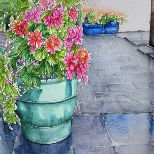 a beautifull intricate watercolor painting of potted planter with flowers inside sitting on wet sidewalk, reflexions, high details by stephanie law art 