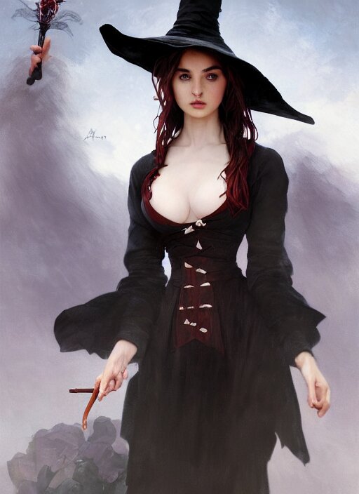 character concept portrait of anna de armas as a witch with a big black pointy hat casting a spell, a floating burning love potion in the center, intricate, elegant, digital painting, concept art, smooth, sharp focus, illustration, from Metal Gear, by Ruan Jia and Mandy Jurgens and William-Adolphe Bouguereau, Artgerm