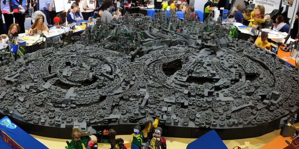 wide shot lens photo of a very intricately detailed and epically shaped 3. 5 meter long hovercraft the nebuchadnezzar from the matrix attacked by squid sentinels lego sculpture designed by a master builder as displayed at a lego convention, low angle shot. 