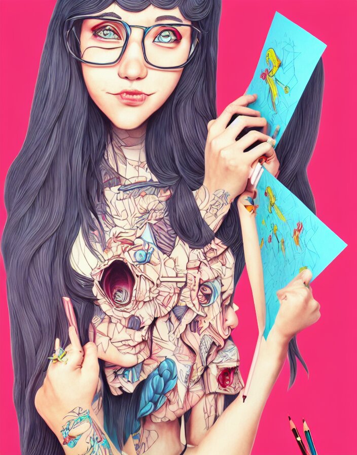 richly detailed color  illustration of a female stupid drawing demented doodles on her school work while in class alone after school, large format image. illustrated by Artgerm. 3D shadowing.