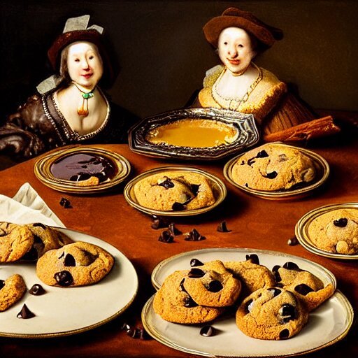 opulent banquet of plates of freshly baked chocolate chip cookies, jelly beans, chocolate sauce, marshmallows, highly detailed, food photography, art by rembrandt 