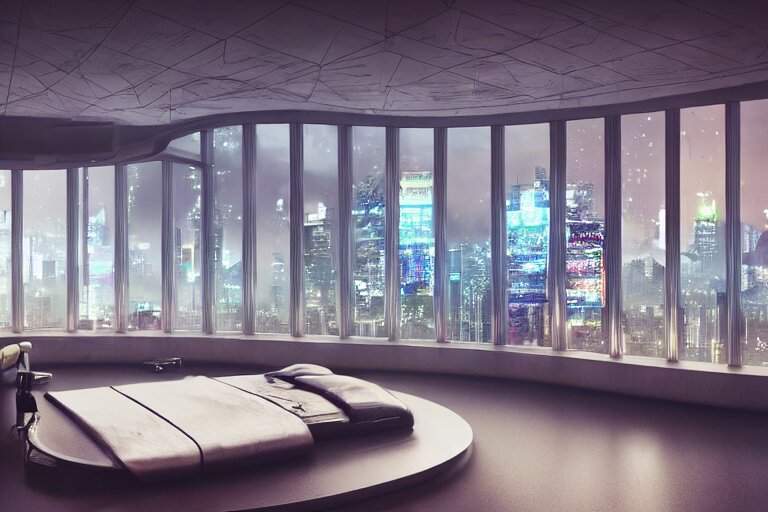 a futuristic bedroom with large curved ceiling high windows looking out to a far future cyberpunk cityscape, cyberpunk neon lights, raining, scifi