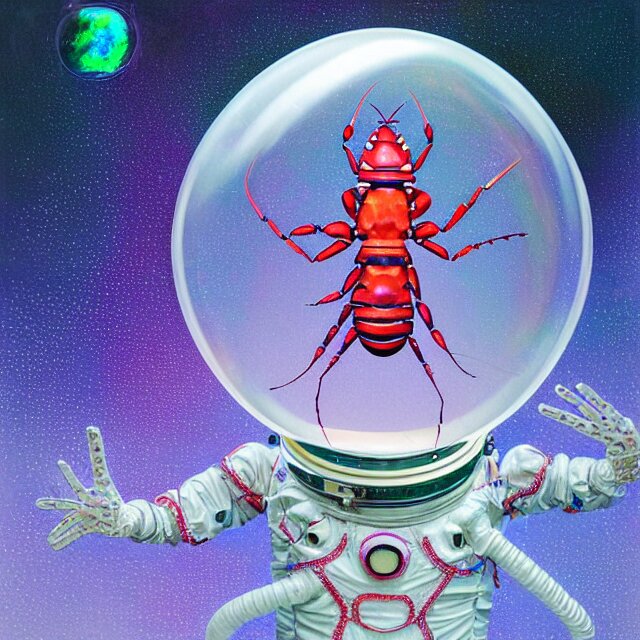 realistic extremely detailed  photo style  painting of a  astronaut eva lobster suit covered in  diamond 3d fractal lace iridescent bubble 3d skin +, camera appendage stalks+helmet clear brain case see through ,in a jumping float pose inside of a futuristic space station blobby holograpic shrink wrap bubble,
,opal ruby diamond iridescent fractal lace bubble materials,alternate reality ceramic age,
monolithic retro futuristic ,water , by style hybrid mix of beeple+Anton Pieck+Jean Delville+ Amano,Yves Tanguy+ Alphonse Mucha+ Ernst Haeckel+ Edward Robert Hughes+Stanisław Szukalski covered with compound eye camera lenses,neutron,
rich moody colors,diamond dust glitter and sparkles, granular detail,holographic krypton ion,blue eyes,octane render,4k,
f32,55mm photography,wide angle ,jumping float Pose,full shot,  