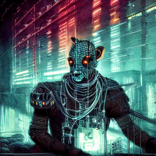 cyberpunk dystopian cyborg hyena, wires and glowing lights, beksinski style, realism 