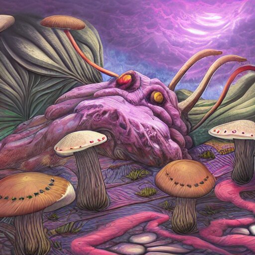 sleep paralysis while on mushrooms, mushroomcore, naturecore, high quality art, digital art, extreme detail, masterpiece 