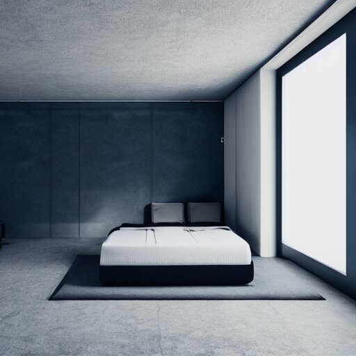 brutalist bedroom, big windows, minimalist architecture, minimalist furniture, octane render, high quality, 8 k, post production 