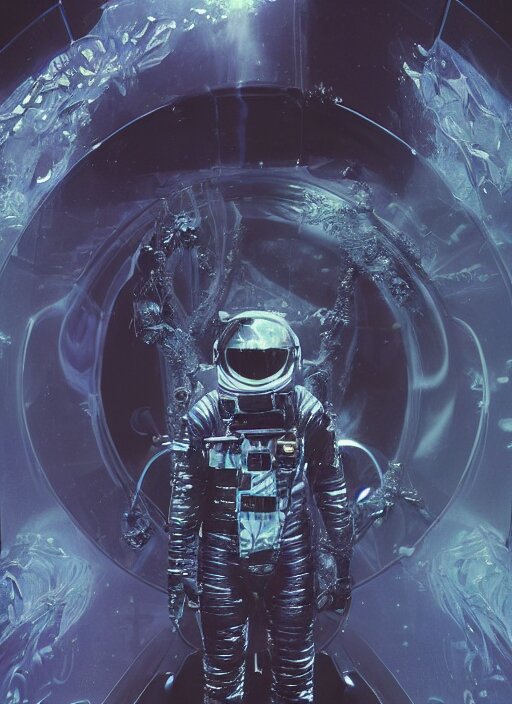 astronaut in dark void underwater - complex and hyperdetailed technical suit design. reflection and dispersion materials. rays and dispersion of light. volumetric light. f / 3 2. noise film photo. flash photography. ultra realistic, 5 0 mm. poster by wayne barlowe, hajime sorayama aaron horkey, craig mullins 