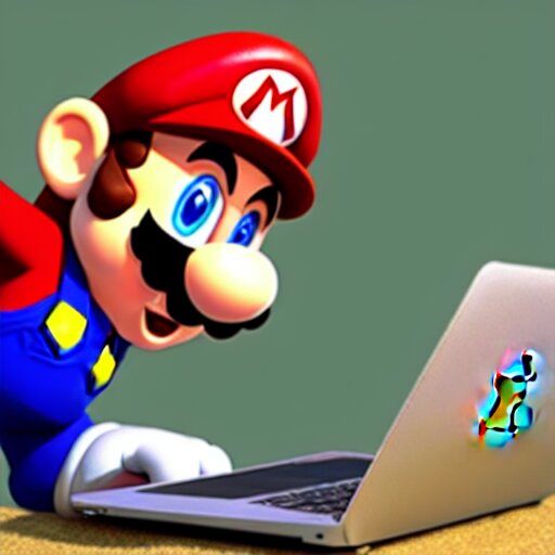 photo of super mario working on his macbook, highly detailed, extremely high quality, hd, 4 k, 8 k, professional photographer, 4 0 mp, lifelike, top - rated, award winning, realistic, detailed lighting, detailed shadows, sharp, no blur, edited, corrected, trending 