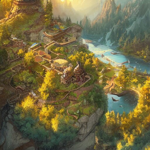 a birds eye view overlooking an ancient fantasy city surrounded by mountains and trees of greens and browns, rivers and lakes by Jordan Grimmer, Asher Brown Durand and Ryan Dening, 8k, artstation, beautiful color pallette