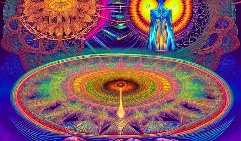 an expansive rendering of beautiful and complex interwoven spiritual connection between all beings by dan mumford, by jim fitzpatrick, by joe wilson, by jim burns, by victo ngai, by jacek yerka, surrounded with colorful magic mushrooms and rainbowcolored marihuana leaves, insanely integrate, featured on deviant art, trending on artstation 