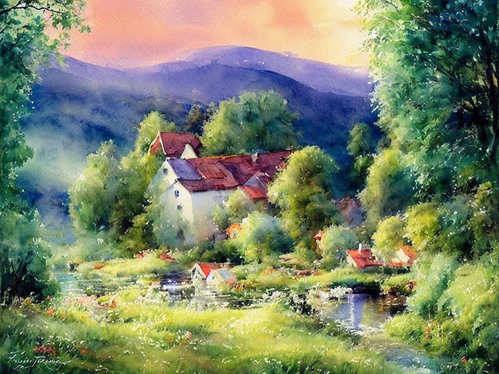 a beautiful night in the swedish countryside, watercolor painting by vladimir volegov 
